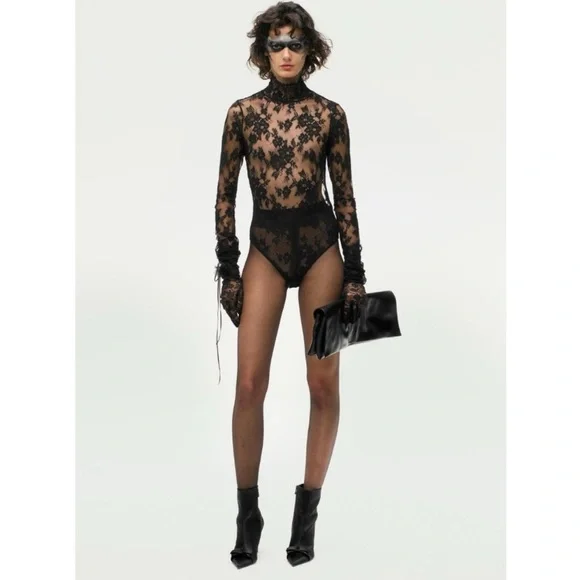 ZARA Floral Eyelash Black Lace Open Back Mock Neck Bodysuit - Picture 14 of 15